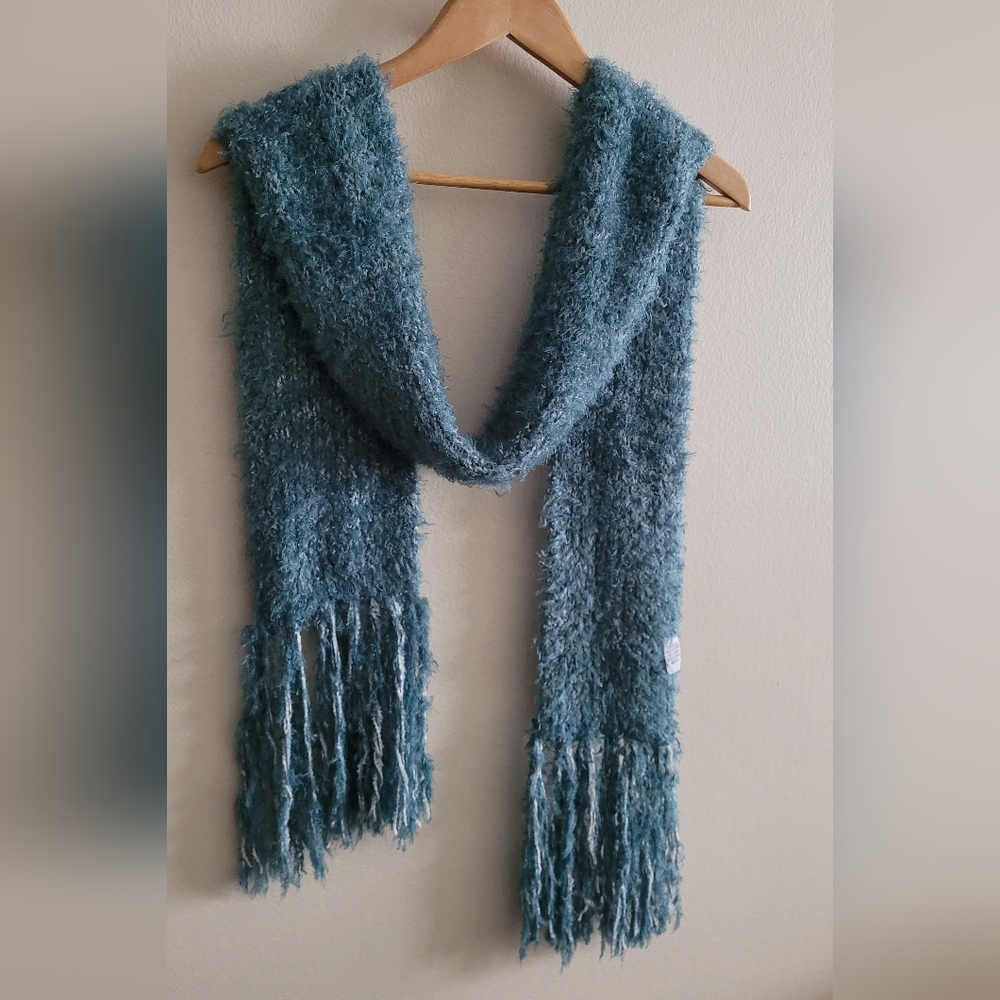 Eyelash knit winter turquoise fringed scarf